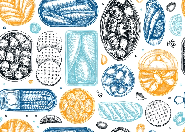 Seafood background in color. Hand-drawn tinned fish seamless pattern. Sardines, anchovy, mackerel, tuna, mussels in tin cans, fish canapes, olives, crackers sketches. For packaging, print, textile